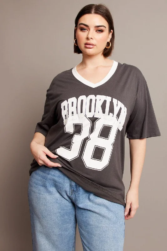 Grey Oversized T-shirt Short Sleeve V-Neck