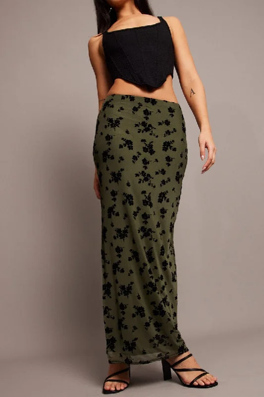 Green Floral Maxi Skirt Side Split