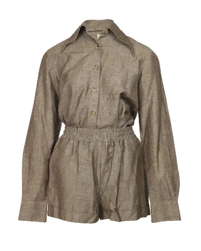 Prevu Long Sleeves and Shorts Set in Brown Linen