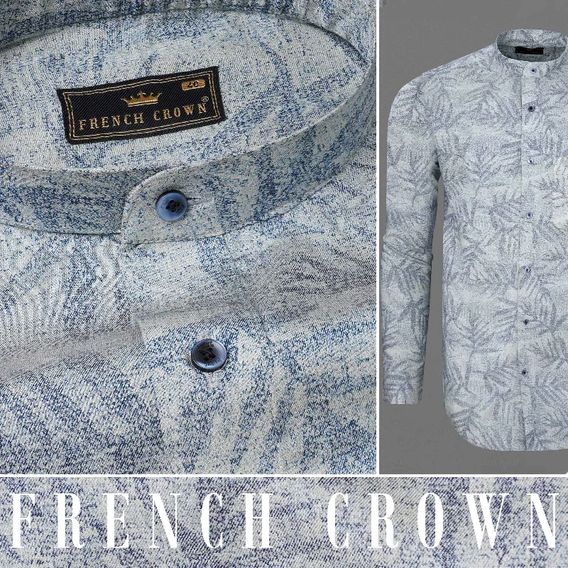 Raven Blue and Zircon Gray Leaves Textured Royal Oxford Shirt