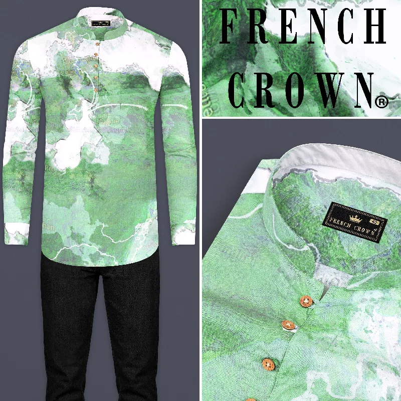 Spring Leaves and Bright White Map Printed Designed Premium Cotton Kurta Shirt